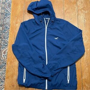 Hollister Navy Blue Hooded Windbreaker with White Zippers